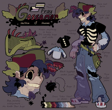 Reference Sheet / Custom Example. Includes default options, additional bust, notes, and mini details (Accessories: Bag, Jewelry, Shirts)
