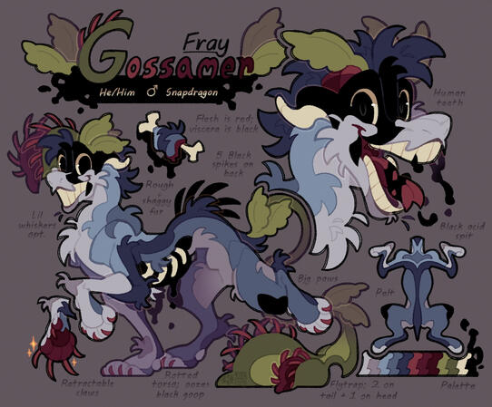 Reference Sheet / Custom Example. Includes default options, additional bust, notes (nameplate considered fancy option), and mini details (Pelt, Paws, Meat)
